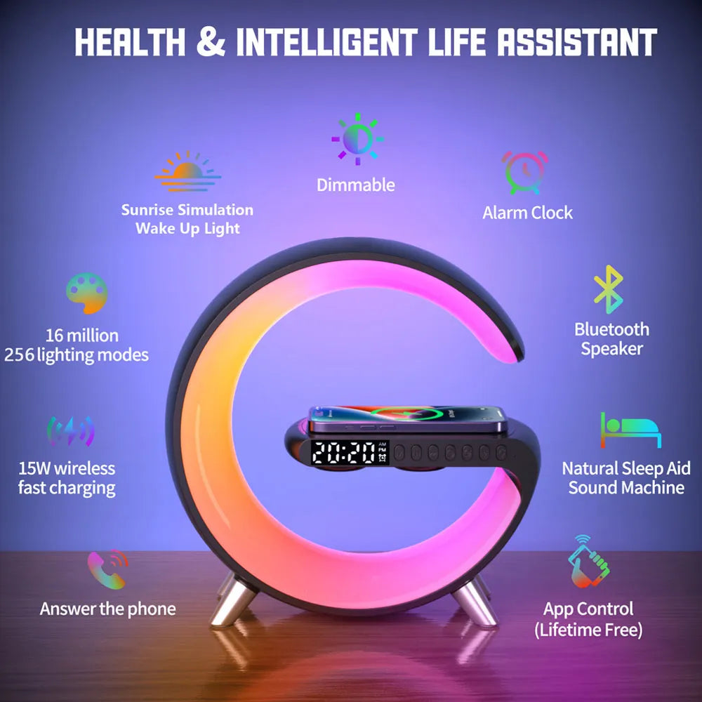 Desk Lamp Wireless Charger Alarm Clock Speaker APP Control